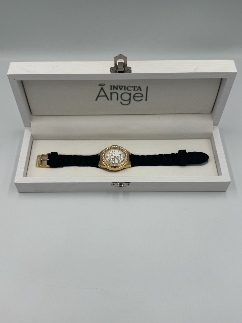 Invicta Women's Watch Angel White Dial Yellow Gold Case Black Strap No. 1643
